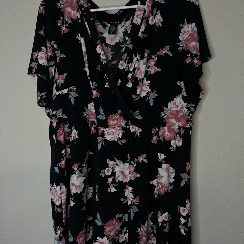 Torrid Black blouse with Pink and White Floral Design